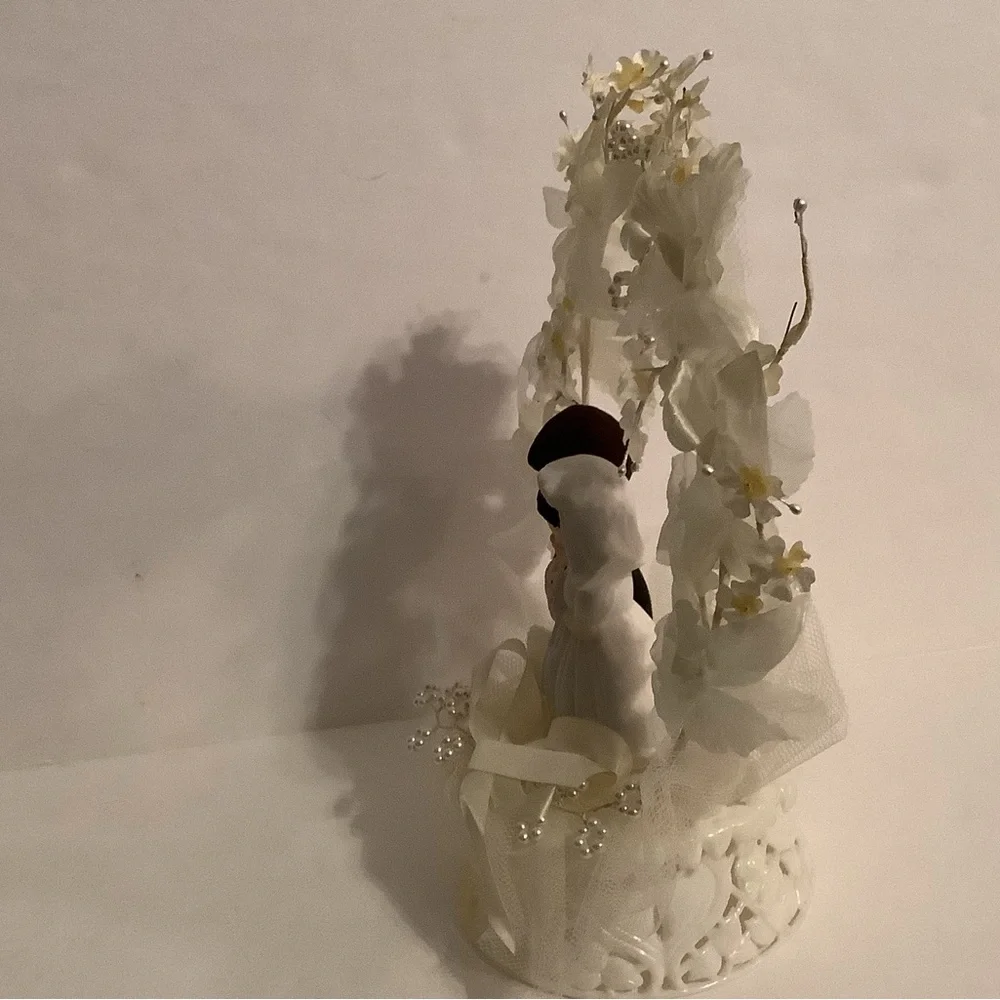 Vintage Wedding Cake Topper Porcelain Bride and Groom with White Floral Accents